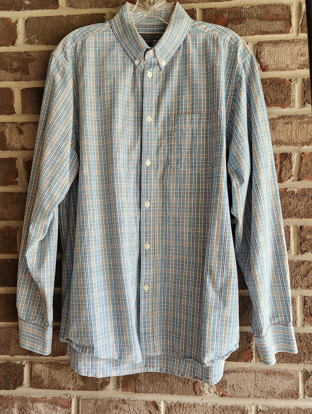 Old Navy Men's Button Down Cotton Shirt Size Large | Blue + Tan Plaid